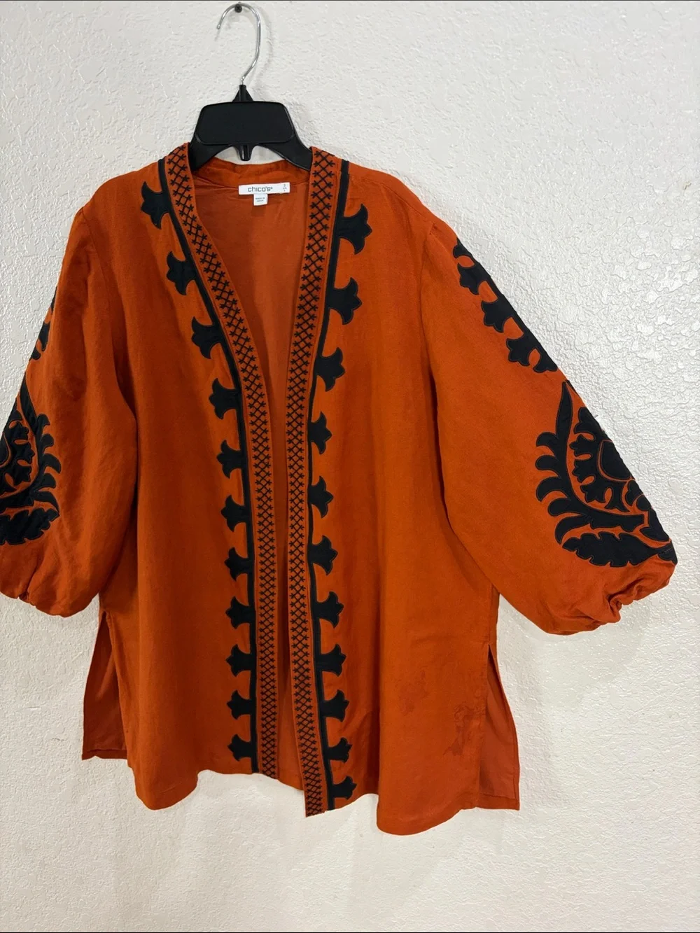 Chico's Burnt Orange Open Embroidered Cardigan with Black Motifs,Size L